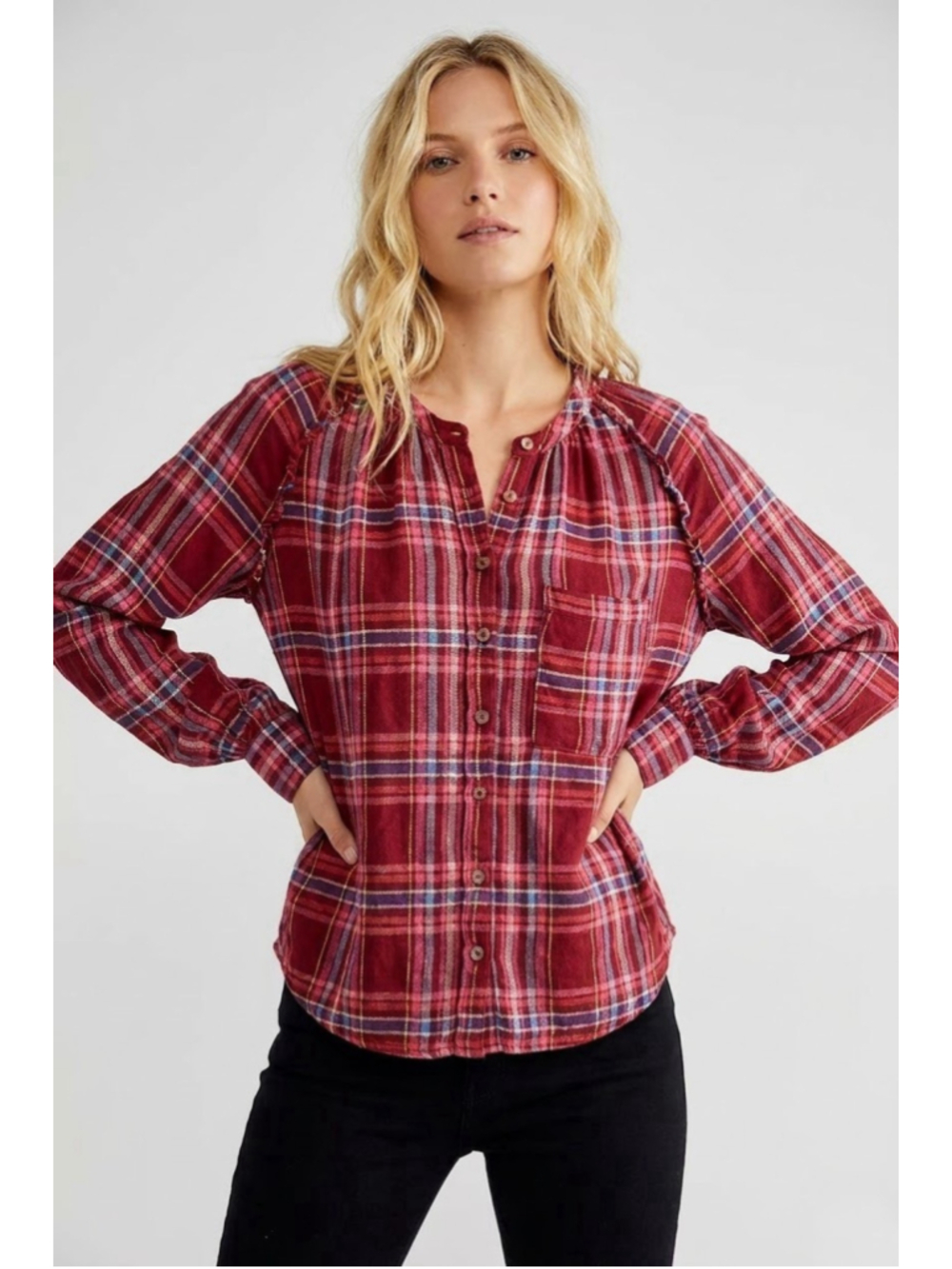 Anthropologie Pilcro Women’s Plaid Henley Button Down Shirt Wool Blend Small
